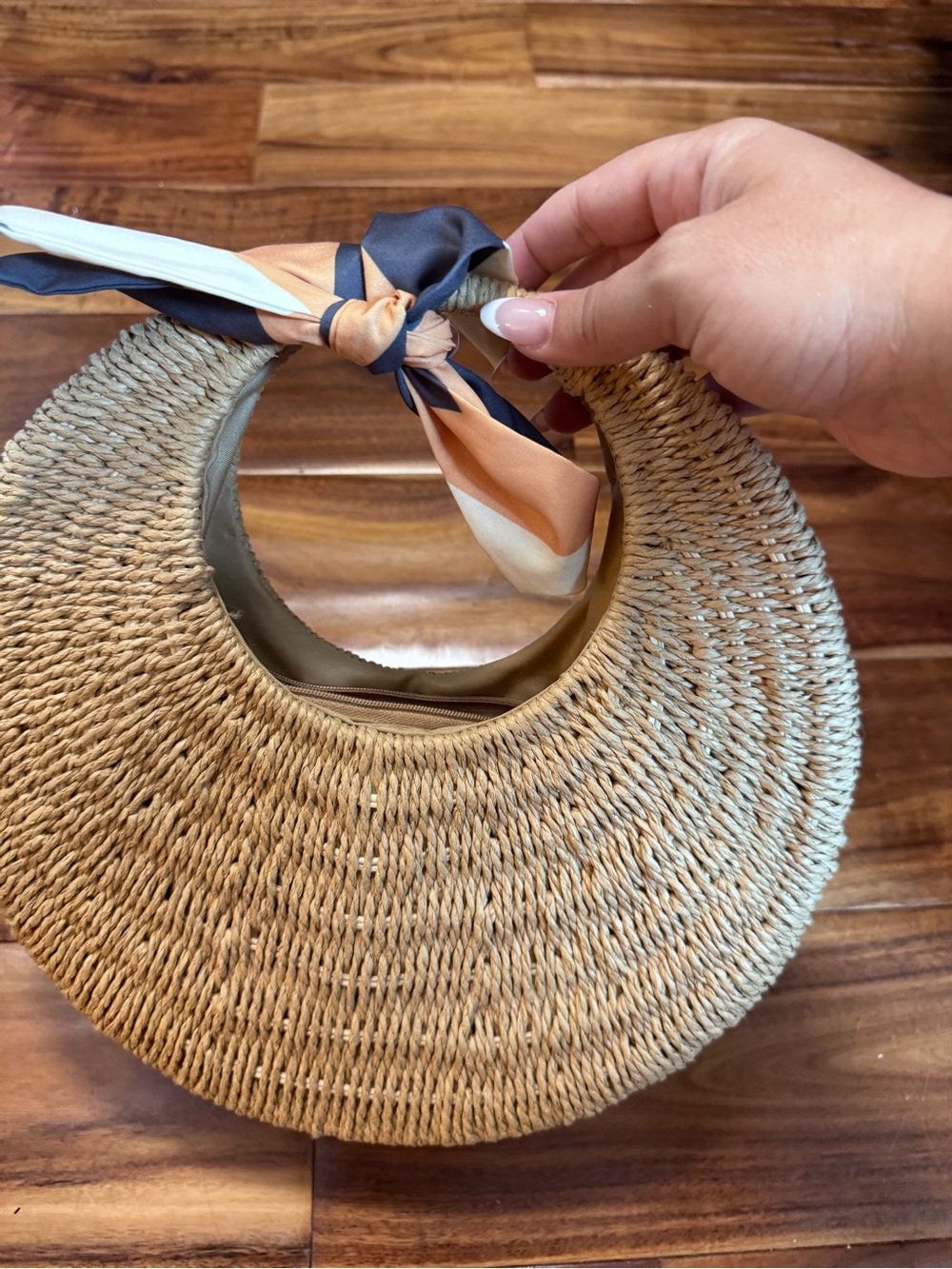 Round Straw Tote with Knotted Multicolor Scarf Handle